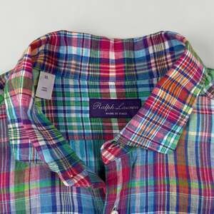 Ralph Lauren Purple Label Shirt Mens XL 100% Linen Multicolor Plaid Made Italy